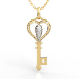 Dual-Zone Pave Crown Heart Key Pendant Necklace PD-PV-RO-HS-0020