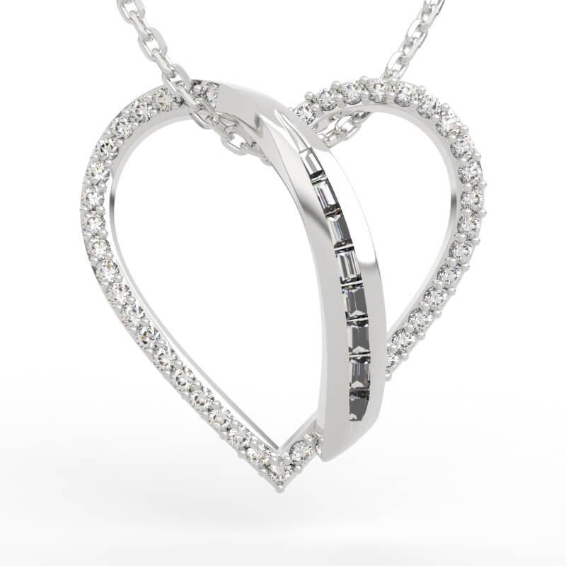 Round diamond bypass heart pendant STL with graduated baguette channel strip