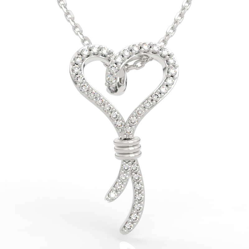 Knotted Heart Diamond Necklace with cinched coil wrap and dangling tassel strands
