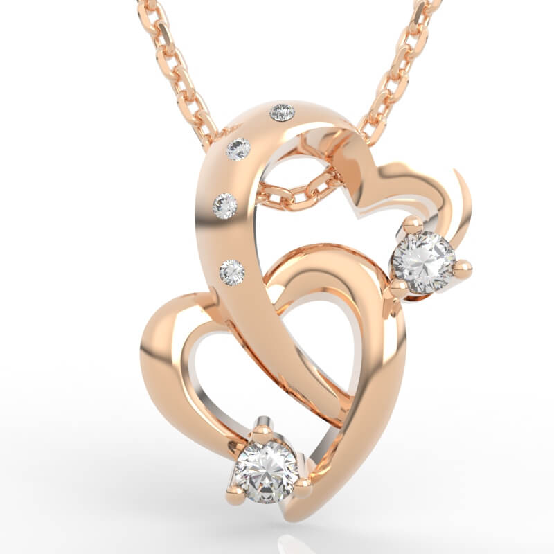 Interlocking double heart pendant CAD model with bezel-set diamond trail accent