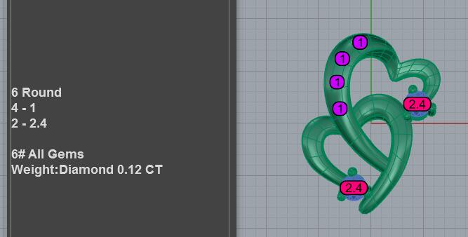Interlocking double heart pendant CAD model with bezel-set diamond trail accent