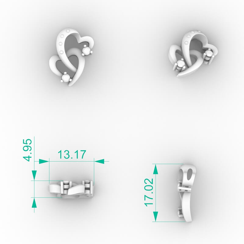 Interlocking double heart pendant CAD model with bezel-set diamond trail accent