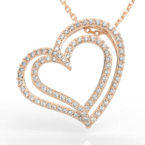 Layered double heart diamond pendant necklace with nested pavé outline and open center gap