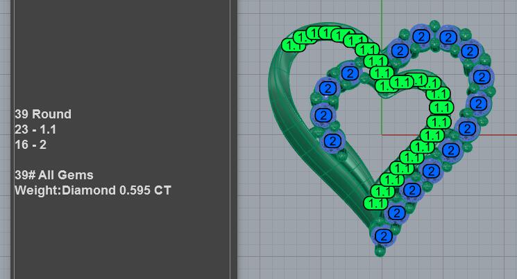 Asymmetric Double Heart Pendant STL File with offset polished and diamond heart strands