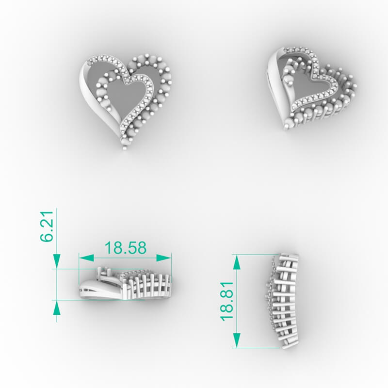 Asymmetric Double Heart Pendant STL File with offset polished and diamond heart strands