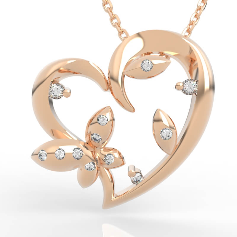Vine leaf diamond heart necklace with open heart frame and floral cluster