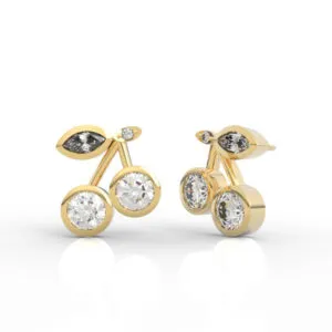 Casting ready bezel cherry earrings CAD model with bezel-set clusters and marquise leaf accents