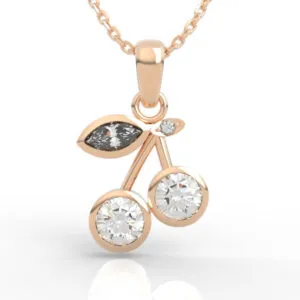 Casting ready bezel cherry pendant CAD model with bezel-set cherries and marquise leaf accent