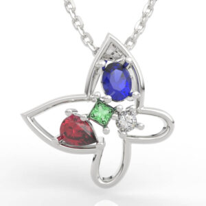 Birthstone cluster butterfly necklace with open wing frame and mixed gemstone cluster
