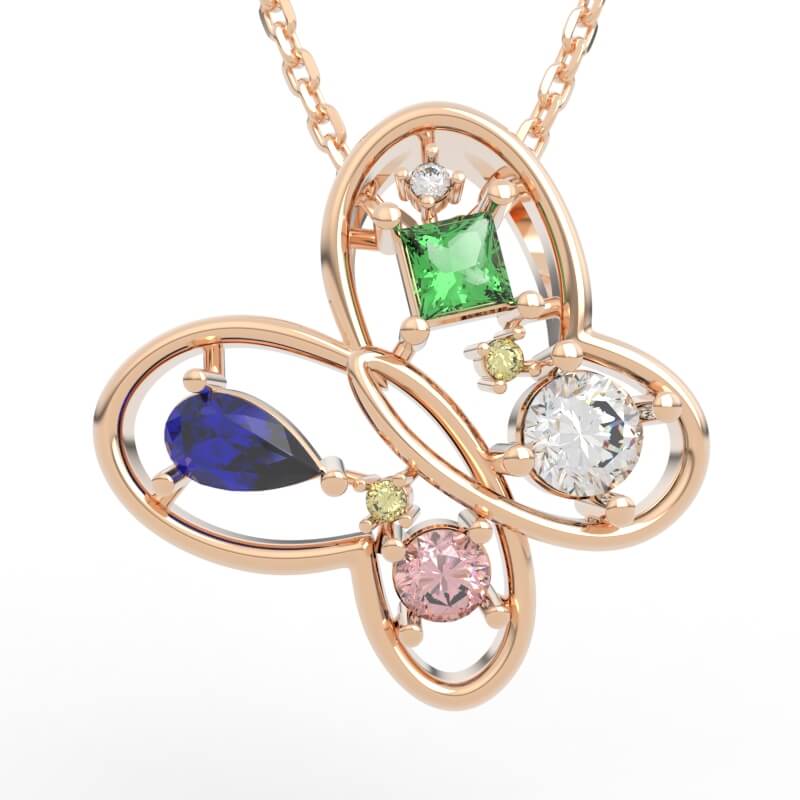 Birthstone family butterfly necklace with varied stone sizes and interlocking looped wings