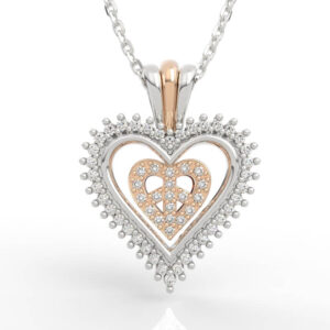 Contemporary beaded heart jewelry design pendant with pavé halo border and openwork medallion