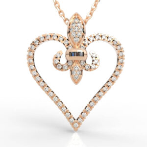 Contemporary fleur-de-lis heart jewelry design pendant with pavé outline and baguette accent emblem