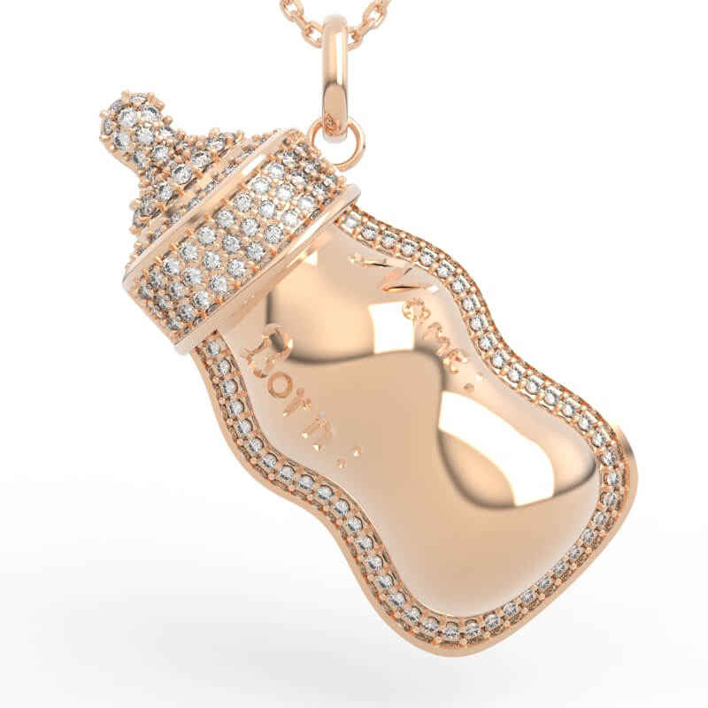 Custom Name Baby Bottle Pendant with pavé diamond outline and engravable center panel