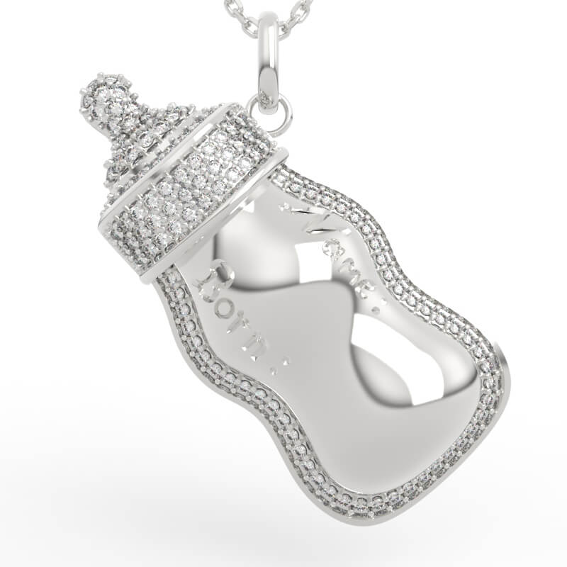 Custom Name Baby Bottle Pendant with pavé diamond outline and engravable center panel
