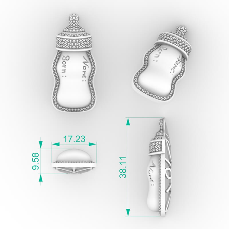 Custom Name Baby Bottle Pendant with pavé diamond outline and engravable center panel