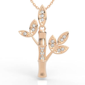 Delicate bamboo leaf jewelry design pendant with branching stalk and pavé-lined leaves