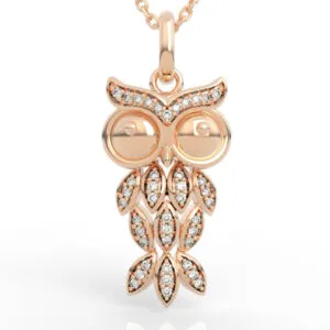 Diamond owl charm pendant with pavé feather-leaf tiers and large-eyed face