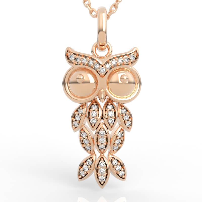 Diamond owl charm pendant with pavé feather-leaf tiers and large-eyed face