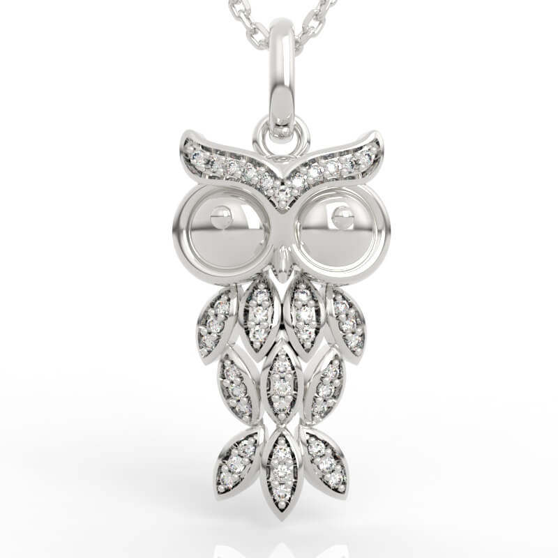 Diamond owl charm pendant with pavé feather-leaf tiers and large-eyed face