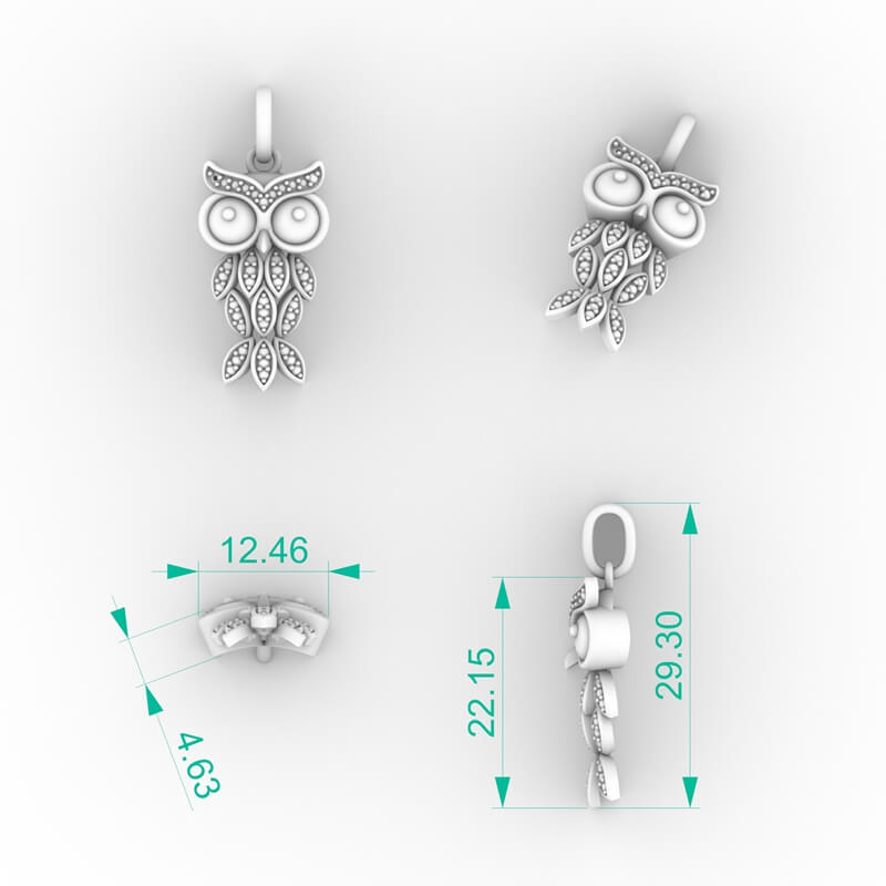 Diamond owl charm pendant with pavé feather-leaf tiers and large-eyed face