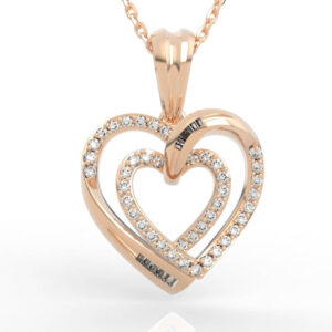 Double halo heart pendant with nested pavé heart outlines and diagonal baguette crossover accent