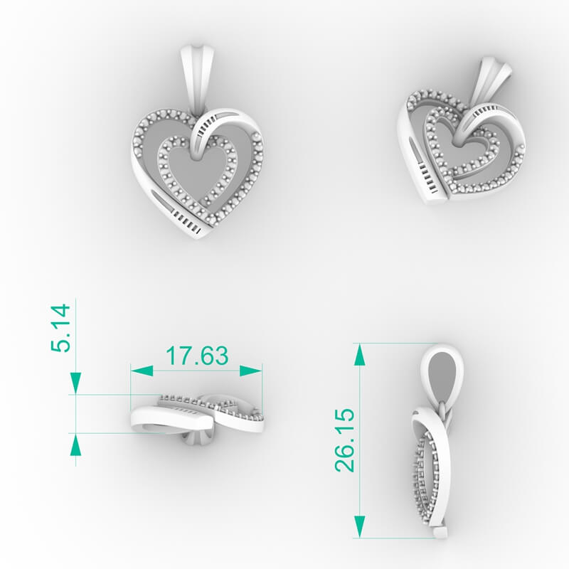 Double halo heart pendant with nested pavé heart outlines and diagonal baguette crossover accent