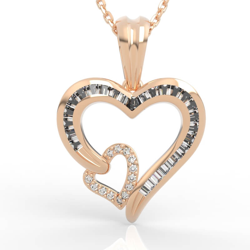 Double heart diamond pendant with interlocked baguette outline heart and pavé small heart charm