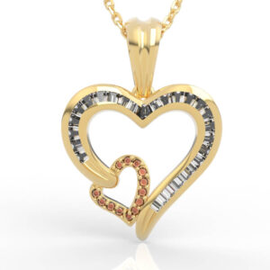 Double heart diamond pendant with interlocked baguette outline heart and pavé small heart charm