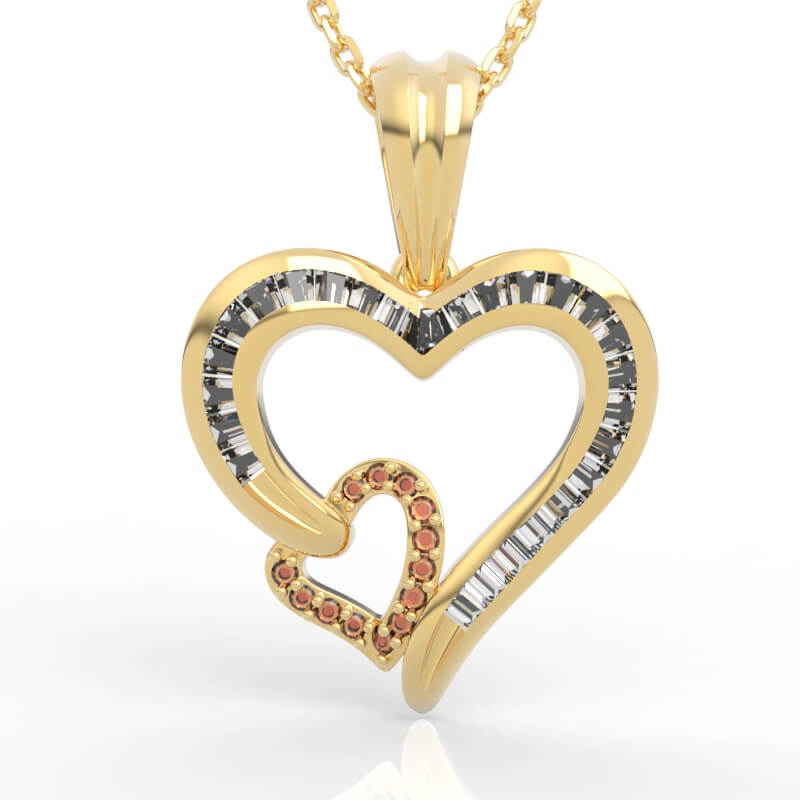 Double heart diamond pendant with interlocked baguette outline heart and pavé small heart charm