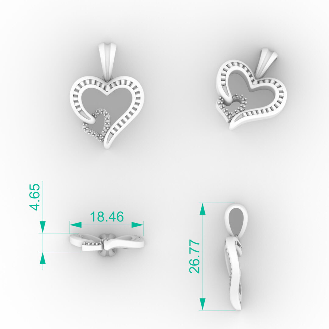Double heart diamond pendant with interlocked baguette outline heart and pavé small heart charm