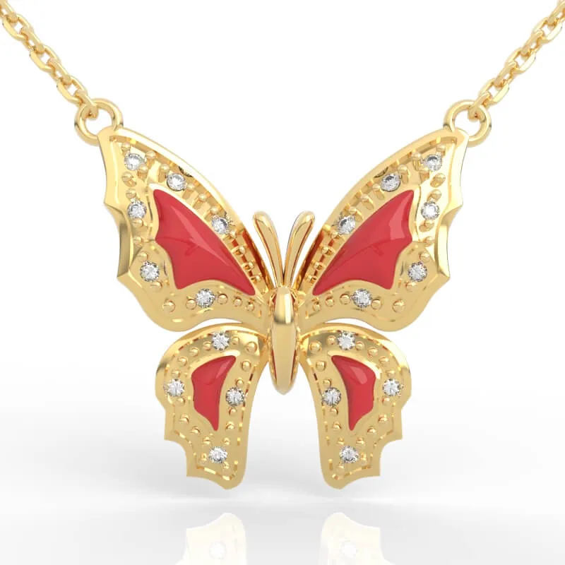 Enamel Wing Butterfly Necklace with colorful enamel panels and beaded filigree border