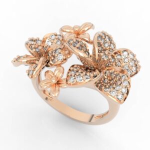 Floral cluster diamond ring CAD model with pavé-petal blossoms and asymmetric flower arrangement