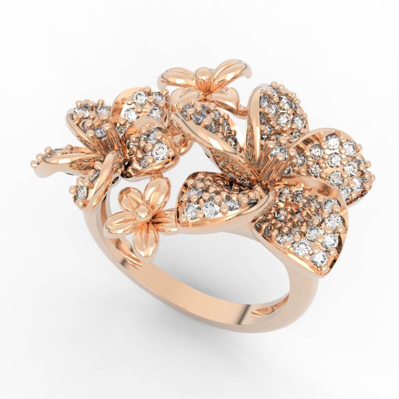 Floral cluster diamond ring CAD model with pavé-petal blossoms and asymmetric flower arrangement