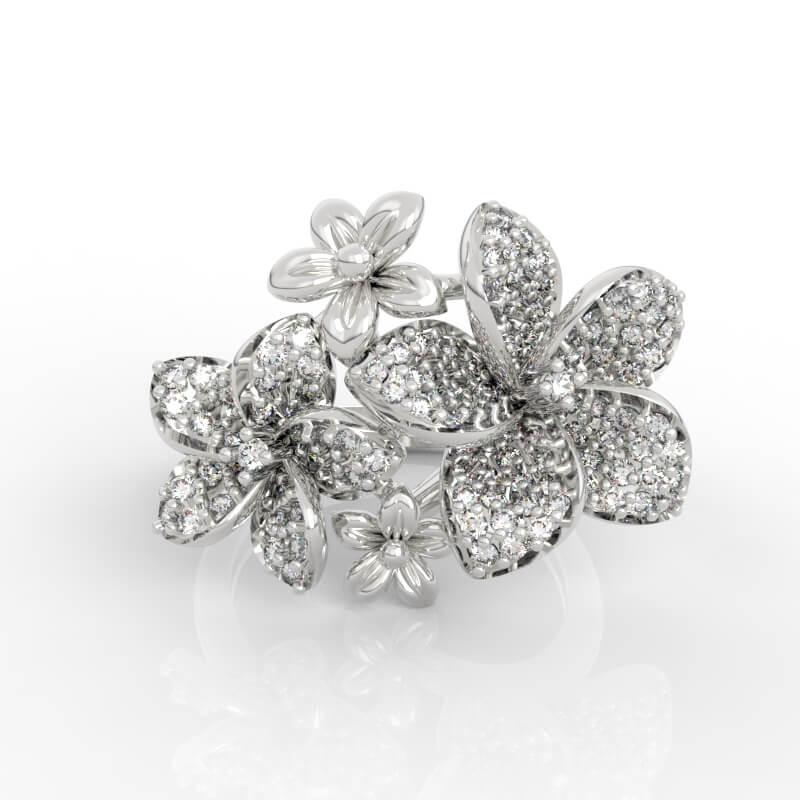 Floral cluster diamond ring CAD model with pavé-petal blossoms and asymmetric flower arrangement