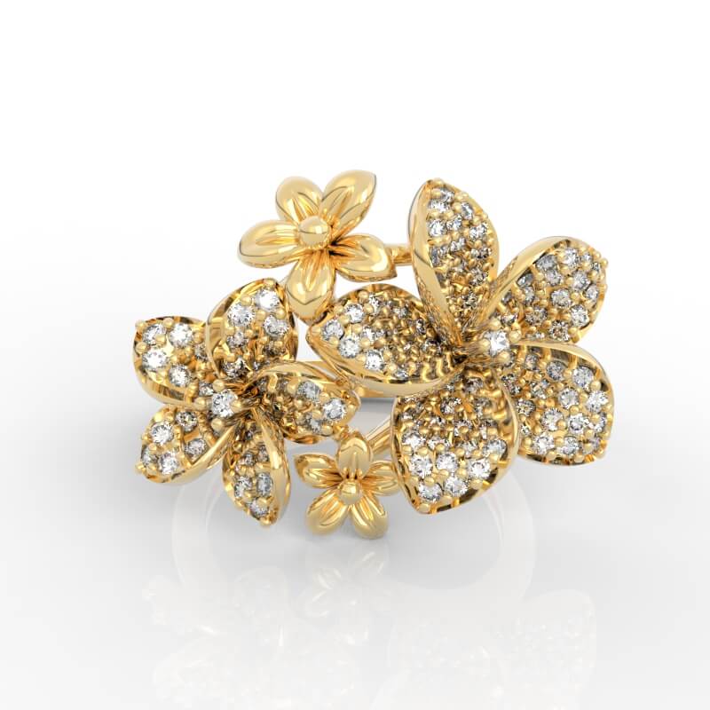 Floral cluster diamond ring CAD model with pavé-petal blossoms and asymmetric flower arrangement