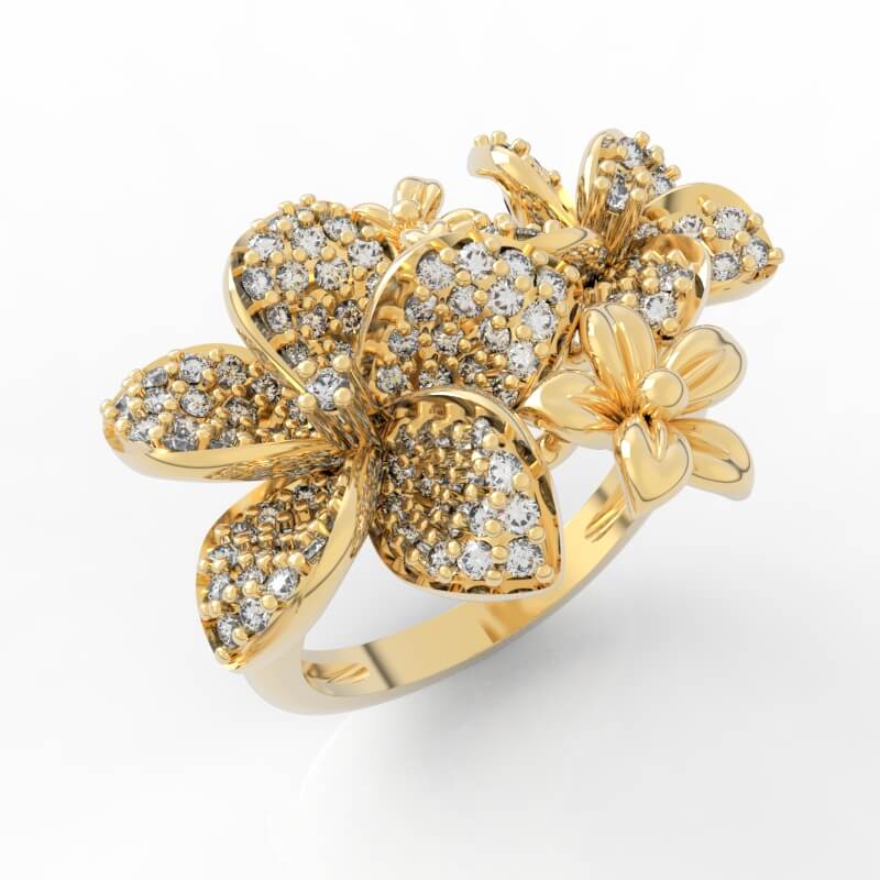 Floral cluster diamond ring CAD model with pavé-petal blossoms and asymmetric flower arrangement