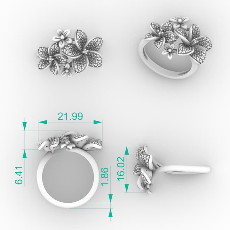 Floral cluster diamond ring CAD model with pavé-petal blossoms and asymmetric flower arrangement