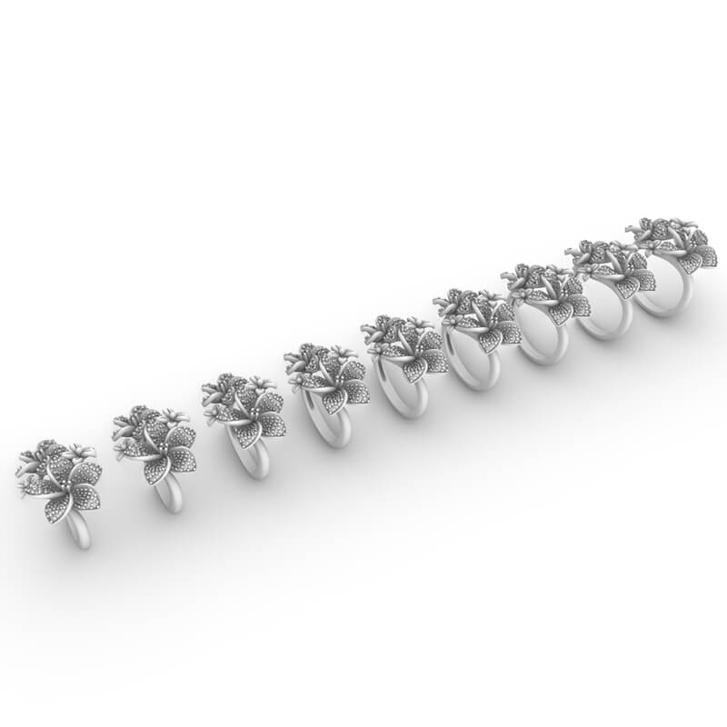 Floral cluster diamond ring CAD model with pavé-petal blossoms and asymmetric flower arrangement