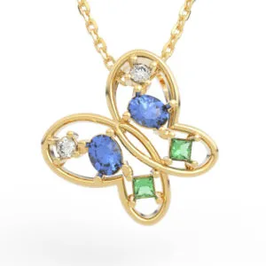 Interlocking wing butterfly pendant CAD model with looped wire frame and diamond accents