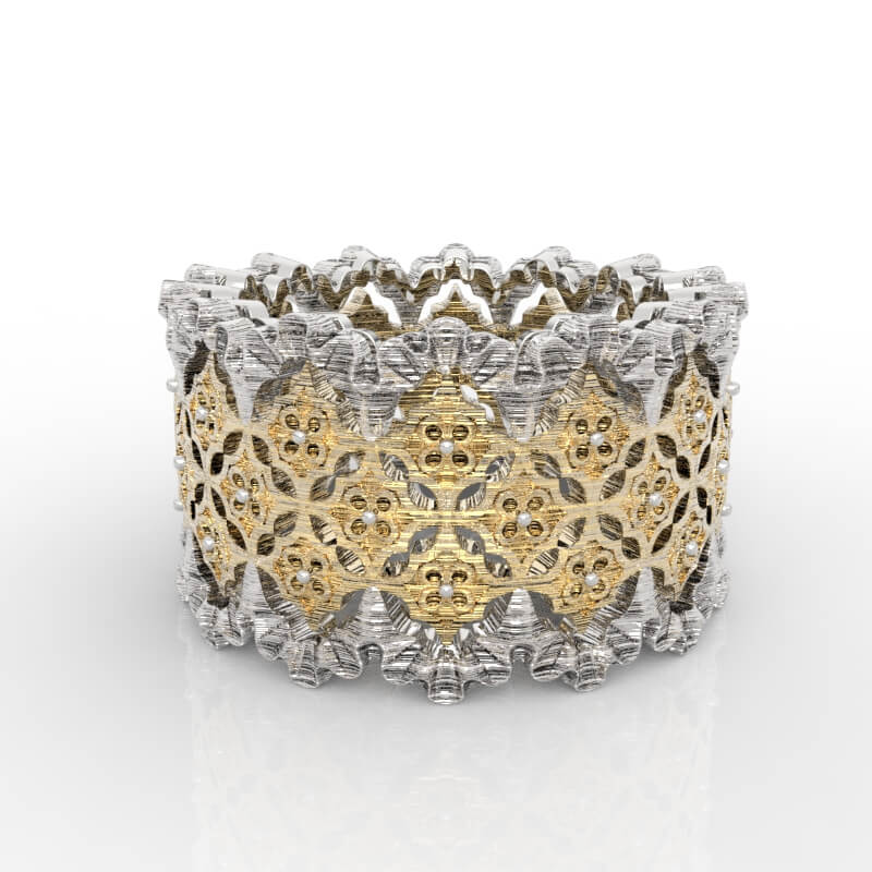 Moroccan quatrefoil lattice crown ring CAD model with pierced tile pattern and two-tone crown edges