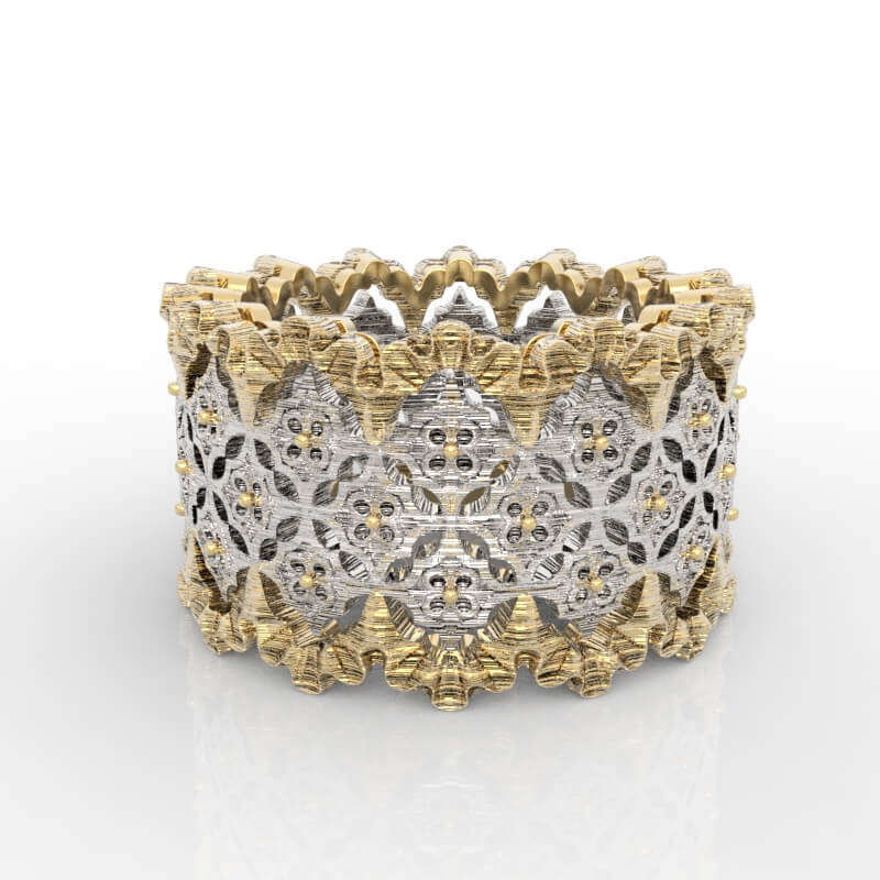 Moroccan quatrefoil lattice crown ring CAD model with pierced tile pattern and two-tone crown edges
