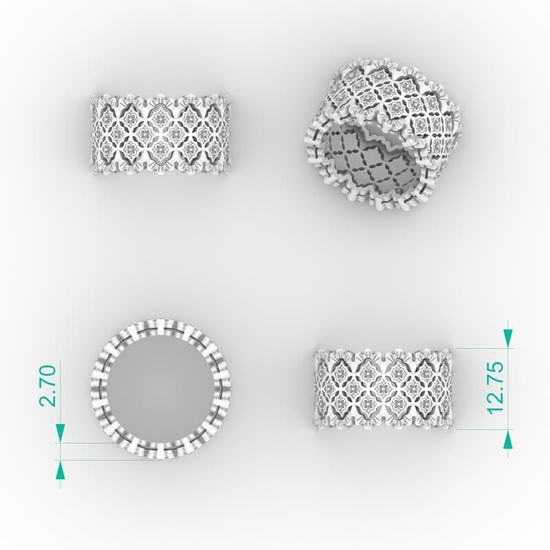 Moroccan quatrefoil lattice crown ring CAD model with pierced tile pattern and two-tone crown edges