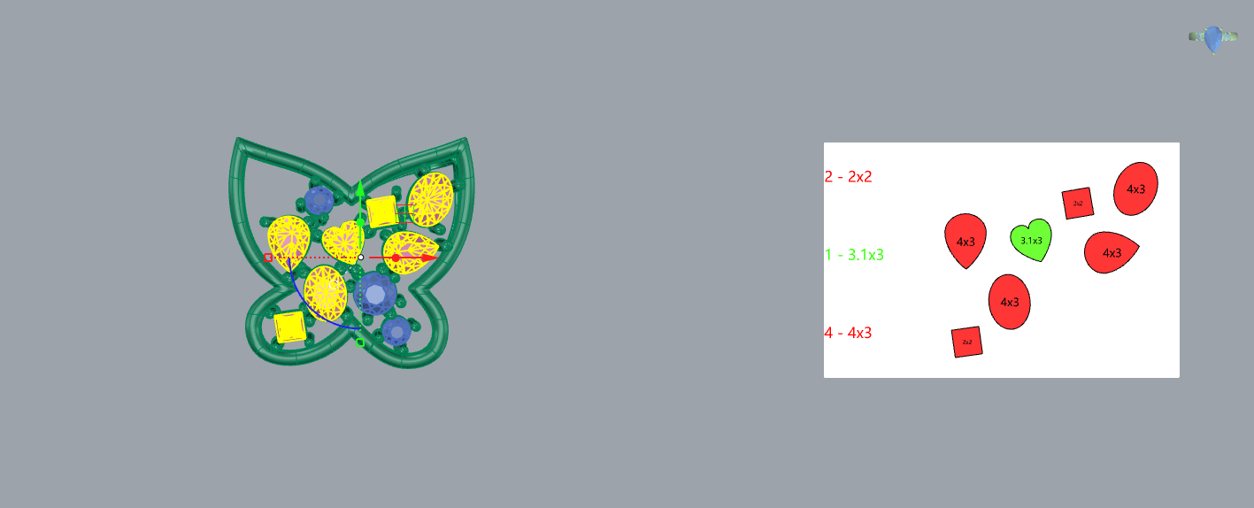 Open frame cluster butterfly pendant CAD model with mixed-shape diamond cluster