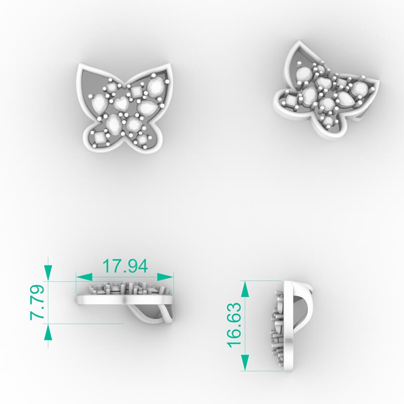 Open frame cluster butterfly pendant CAD model with mixed-shape diamond cluster