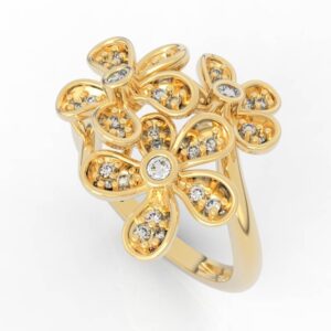 Open petal daisy cluster diamond ring with ribbon-loop flowers and bezel-set centers