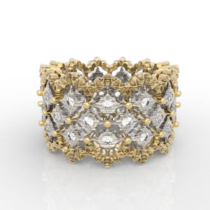 Two-tone openwork star lattice crown ring design with pierced filigree trellis and diamond centers