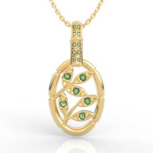Oval frame diamond vine pendant with branching leaf vine and pavé bail