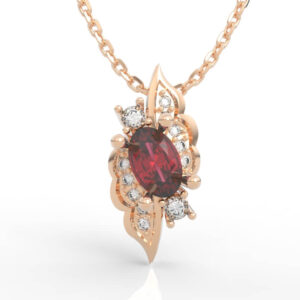 Oval gemstone diamond cluster pendant with vintage flame frame and diamond halo
