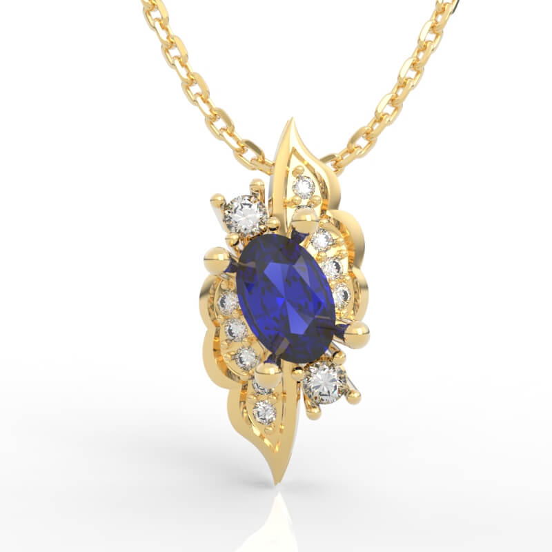 Oval gemstone diamond cluster pendant with vintage flame frame and diamond halo