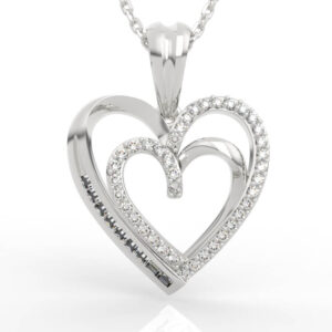 Overlapping double heart pendant with offset heart loop and pavé baguette outline
